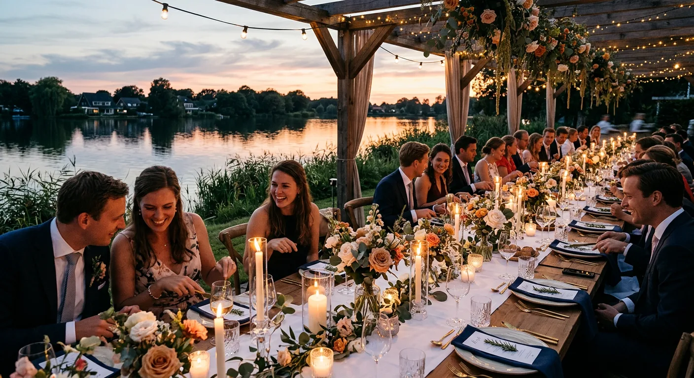 Feestelijk gedekte tafel voor een bruiloft aan het water