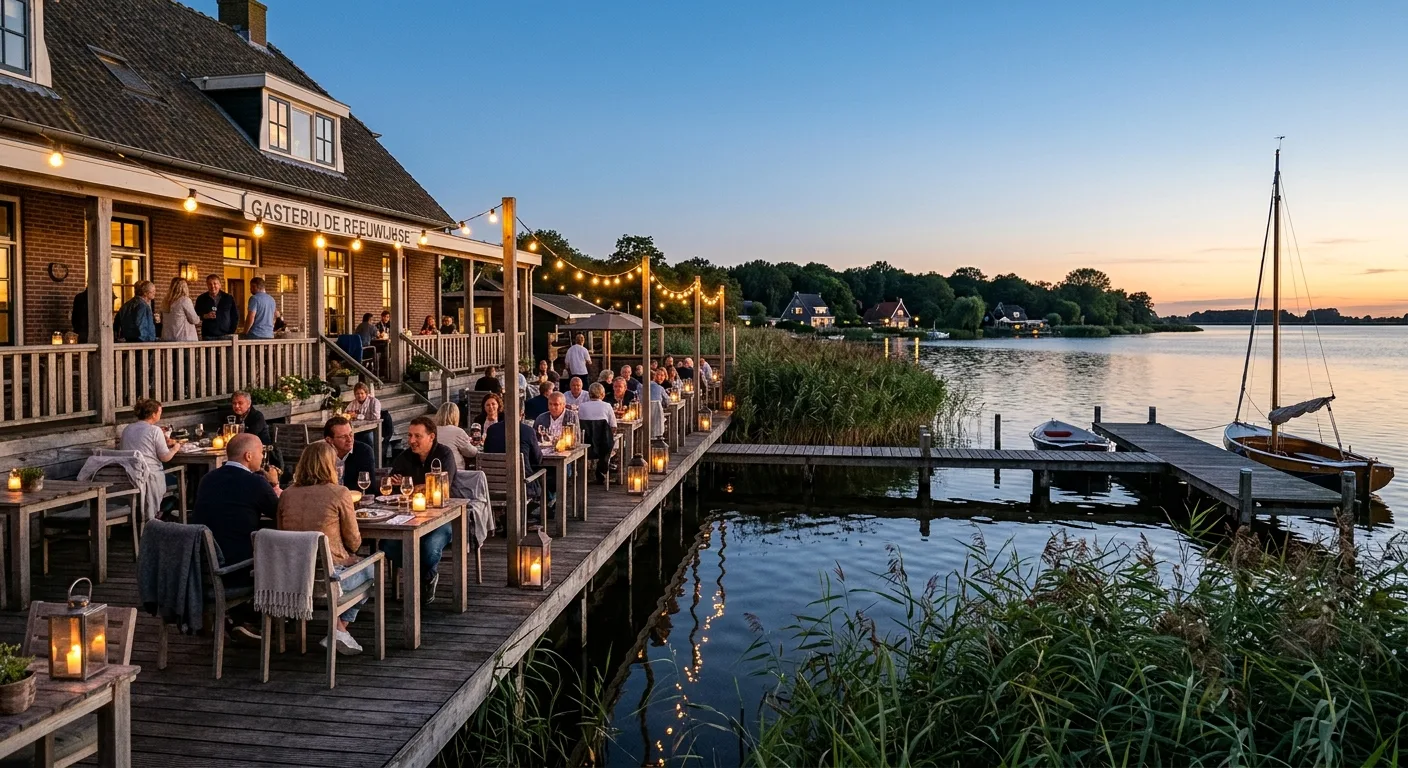 Terras van Gasterij Vergeer aan de Reeuwijkse Plassen bij avondlicht