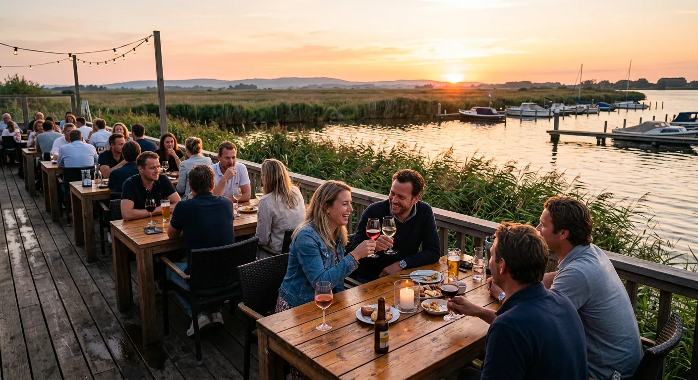 Gasten op het terras bij zonsondergang